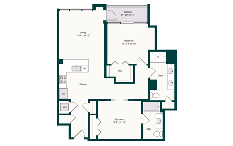 Floor plan for 2 beds, 2 baths, 1200 sqft